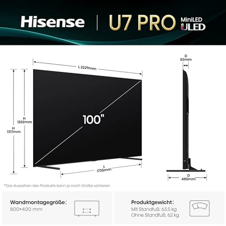 Hisense 100U7Q Pro, 100 Zoll 4K Mini LED Smart TV mit Hi-View AI Engine Pro, 165Hz Game Mode Ultra, Dolby Vision IQ Atmos und 2.1.2 ch. Surroundsound – Bild 2