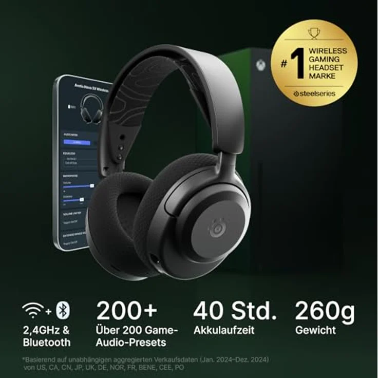 SteelSeries Arctis Nova 3X Wireless Gaming-Headset, 40 Std. Akku, Neodym-Magnet-Treiber, 2,4 GHz/Bluetooth, abnehmbares Mikrofon, schwarz – Bild 2