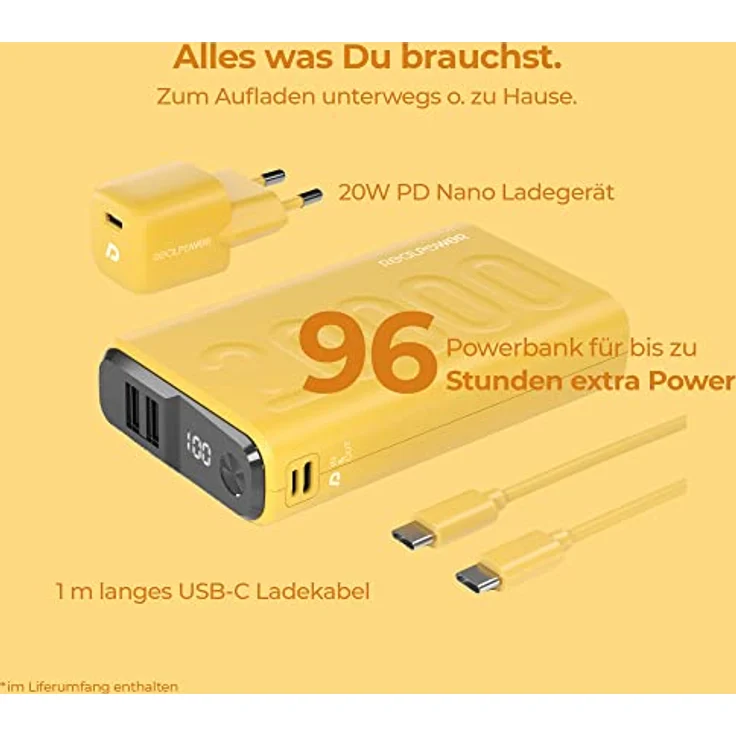 Realpower PB-20000 PowerPack PD Ladeset Powerbank mit 22.5W Power und 20.000mAh Kapazität, Nano USB-C Ladegerät, kompatibel mit iPhone ProMax, iPad, Samsung Galaxy, Google Pixel usw, Gelb – Bild 5