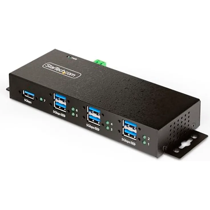 StarTech.com 7-Port USB 3.0 Hub mit Metall-Industriegehäuse, Managed, ESD & Überspannungsschutz, Wand-/Tisch-/DIN-Schienenmontage, USB 3.1/3.2 Gen 1 5Gbps, USB Verteiler/Splitter (5G7AINDRM-USB-A-HUB)
