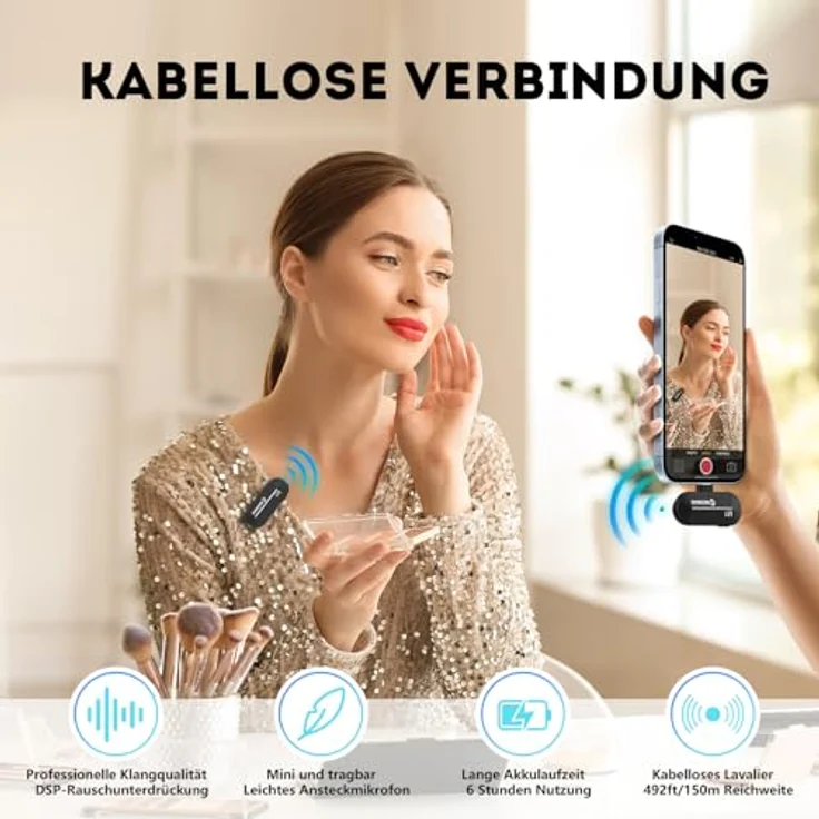 Moman CP1(C) Lavalier-Funkmikrofon, kabellos, 2.4GHz, Auto Noise Canceling, 120m Reichweite, geeignet für USB-C Smartphones, Tablets und Laptops – Bild 4