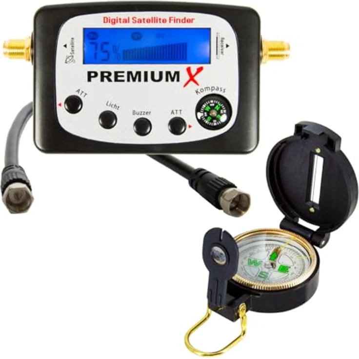 PremiumX Camping SAT Anlage, Satellitenschüssel mit Signalfinder, Kompass, Single LNB, 10m Kabel und F-Stecker, kompakt im Koffer – Bild 4