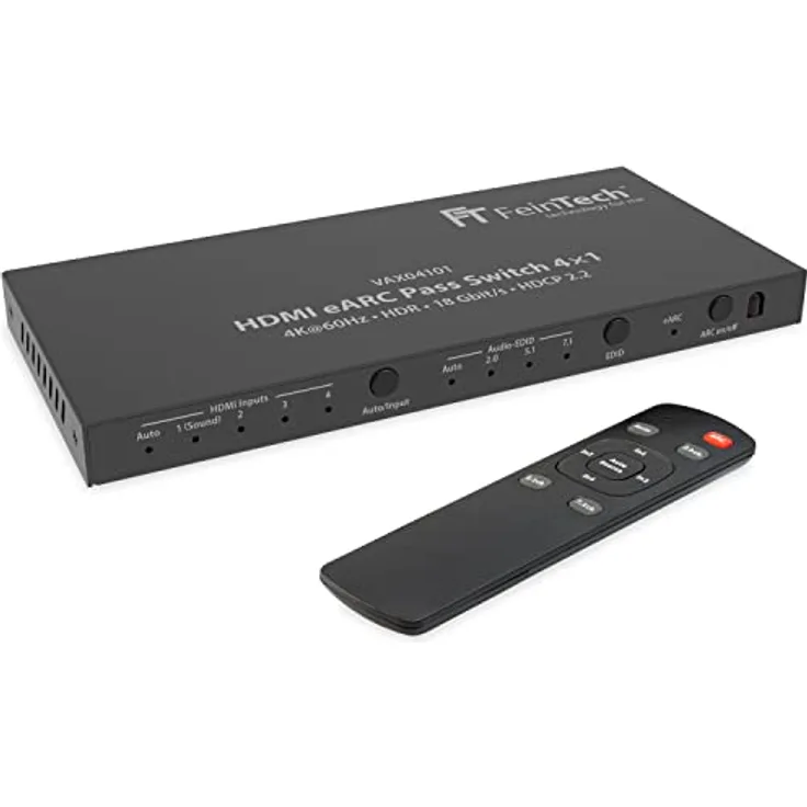 FeinTech VAX04101A HDMI eARC Pass Switch 4x1, für 3 HDMI-Quellen, Soundbar und TV Beamer 4K HDR Dolby Atmos