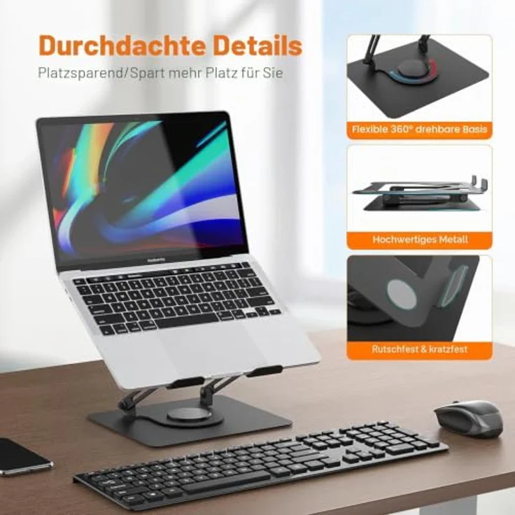 Grifema GB1050 Laptopständer, 360° drehbar, höhenverstellbar, faltbar, Metall, rutschfest, für 11–16 Zoll Laptops – Bild 4