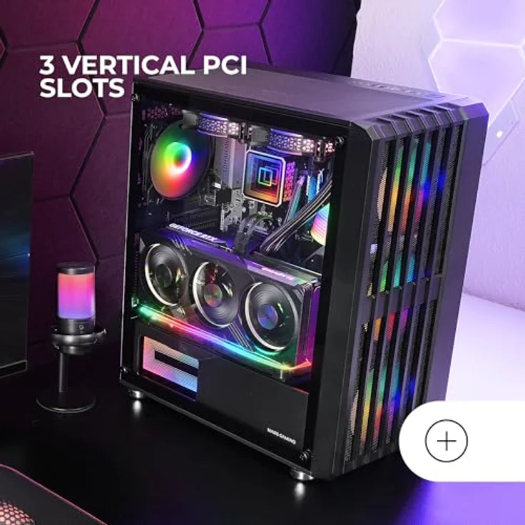 MARSGAMING MC-Vault, Gaming ATX-Gehäuse, 4X ARGB 120mm Lüfter, vertikales Mesh-Frontpanel, gehärtetes Glas, 3X vertikale PCI-Steckplätze, PC-Midi-Tower, Schwarz – Bild 5