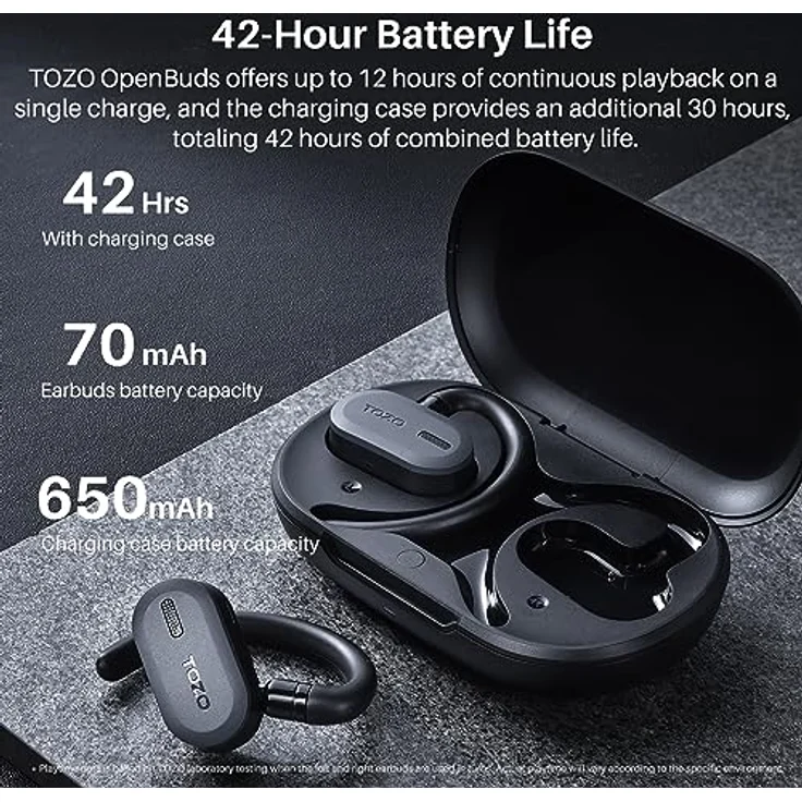 TOZO Open Buds Leichte Bluetooth Kopfhörer Kabellos 5.3 mit Mehrwinkelverstellung, Offenes Ohrdesign für langanhaltenden Komfort, Kristallklare Anrufe während der Fahrt, Schwarz – Bild 3
