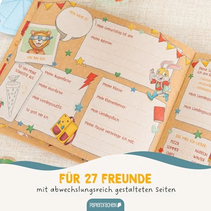 Papierdrachen Freundebuch für Kinder, Superhelden Tiere, 64 Seiten, Hardcover, buntes Design für 27 Freunde, ideale Geschenkidee zur Einschulung – Bild 4