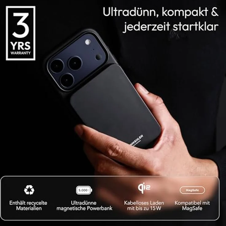 VONMÄHLEN Evergreen Mag, magnetische Powerbank 5.000 mAh, QI2-zertifiziert, schwarz, recycelte Materialien, ultra-schlank – Bild 3