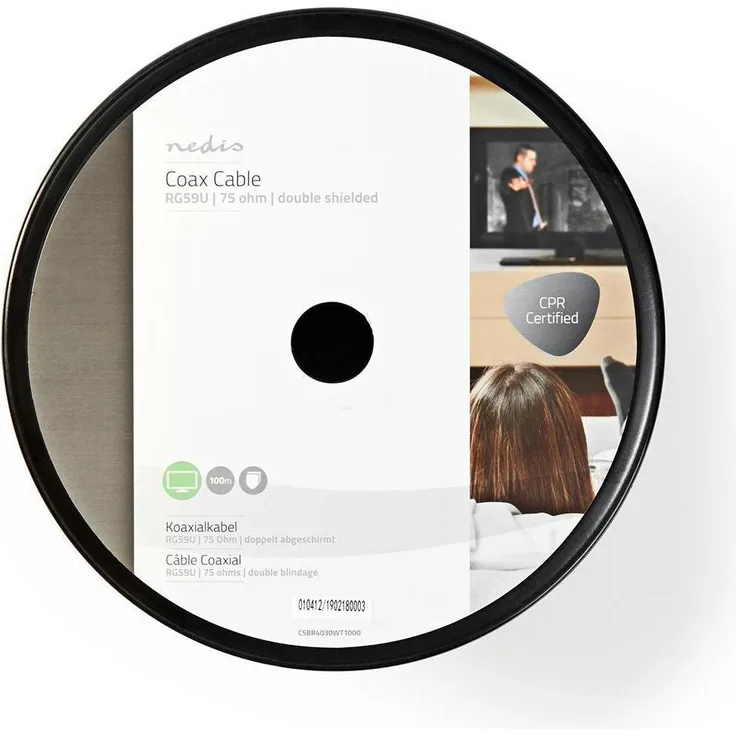 Nedis RG59U Antennenkabel auf Rolle, 100 m, 75 Ohm, doppelt geschirmt, PVC, Weiß, 75 dB
