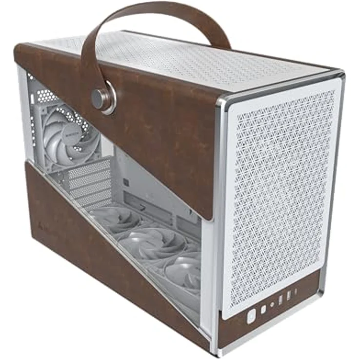MONTECH Heritage mATX, kompaktes Leder-Gaming-Gehäuse mit Griff-Design, unterstützt GPUs der RTX 40-Serie, ATX-Netzteil, 360 mm AIO, 4 Lüfter, Kopfhöreraufhänger, Weiß – Bild 1