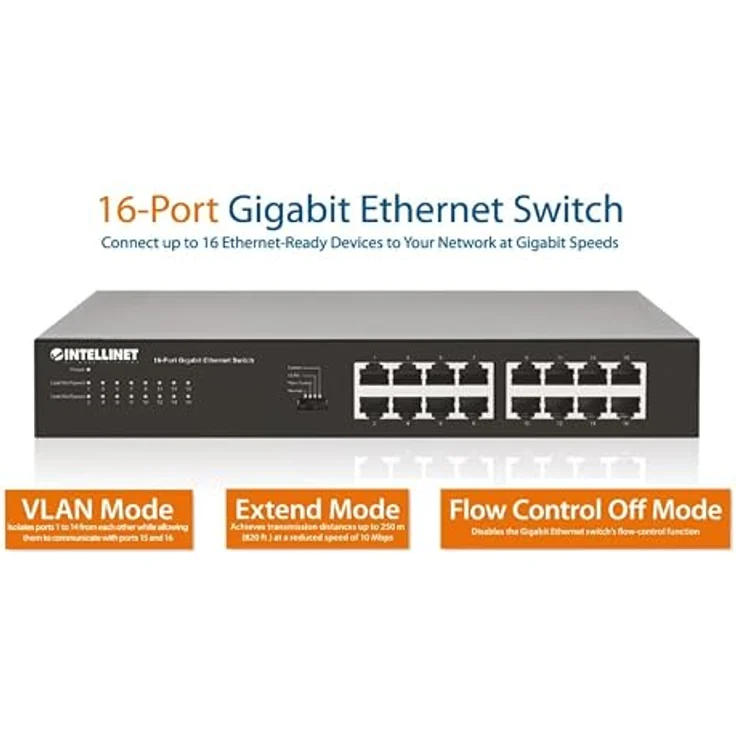 INTELLINET 16-Port Gigabit Ethernet Switch 16 x 10-100-1000 Mbit-s RJ45-Ports, IEEE 802.3az Energy Efficient Ethernet, Desktop-Format, optionale 48,30cm (19")-Montagewinkel im Lieferumfang – Bild 2