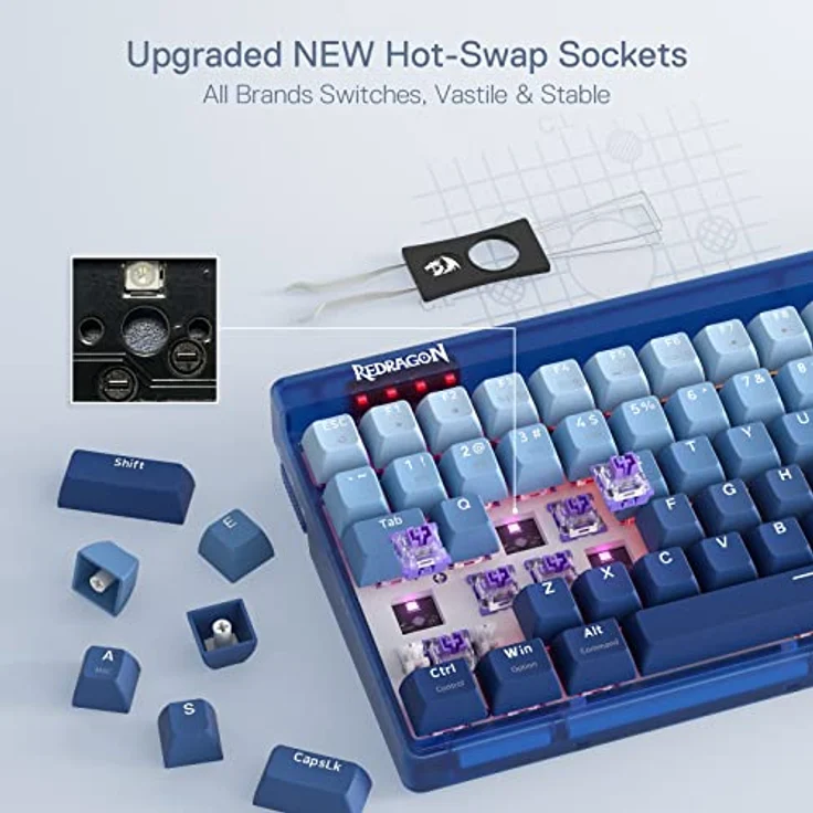 Redragon K656 PRO 3-Mode Kabellose RGB Gaming Tastatur, 100 Tasten Mechanische Tastatur mit transluzentem Board, Hot-Swappable Sockel, schallabsorbierendem Schaumstoff & Custom Tactile Schalter, Hype-Blau – Bild 5