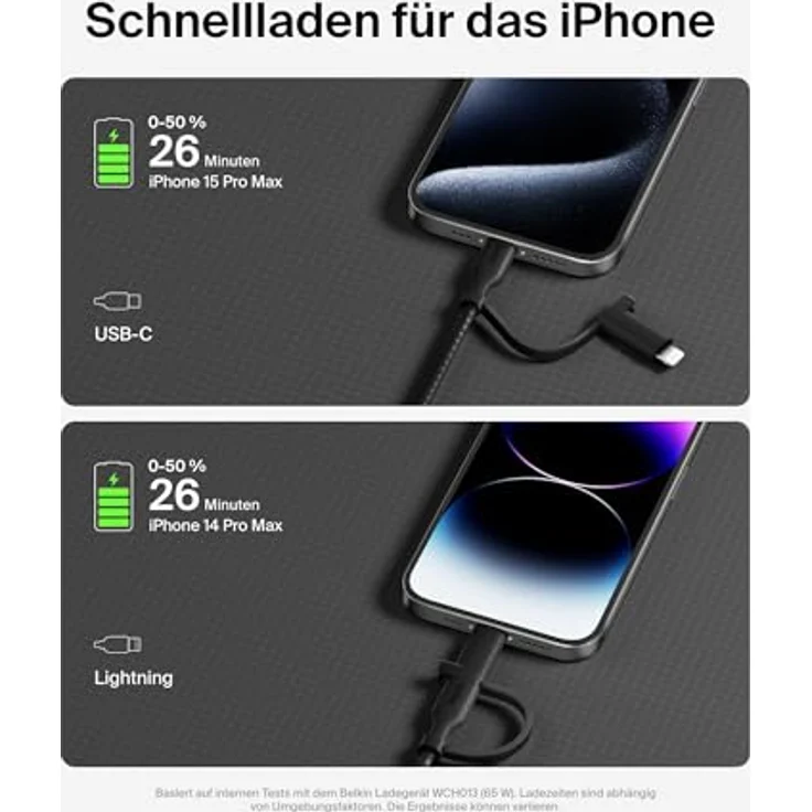 Belkin BoostCharge Pro, Multifunktions-USB Kabel 2-in-1 mit USB-C und Lightning Connector, 1,5m, Schwarz, 60W Schnellladung, Datenübertragung bis 480 Mbps – Bild 4
