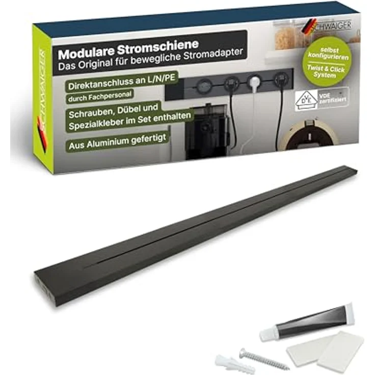 SCHWAIGER Konfigurierbare Steckdosenleiste 100 cm, modulare Stromschiene in Schwarz mit Alu-Design, individuell einstellbar, VDE geprüft, ideal für Küche, Büro & Werkstatt – Bild 1