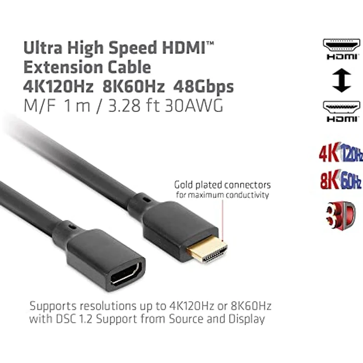 CLUB3D CAC-1322 Ultra High Speed HDMI™ Verlängerungskabel 4K120Hz 8K60Hz 48Gbps St./B. 1 m 30AWG – Bild 4