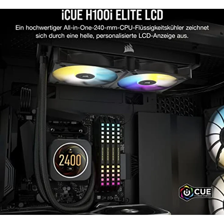 Corsair iCUE H100i ELITE CPU-Flüssigkeitskühler mit LCD-Display (IPS-LCD-Bildschirm mit anpassbarer Anzeige, 40 Dynamische RGB-LEDs, 120-mm-Lüfter, 240-mm-Radiator, Commander Core inklusive) Schwarz – Bild 2