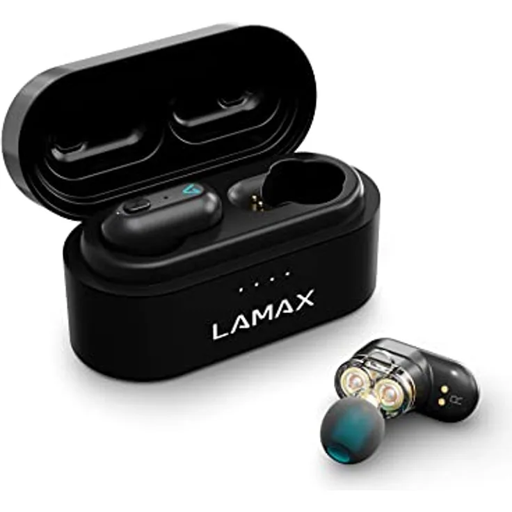 Lamax Duals1 Bluetooth Kopfhörer 5.0 USB-C, In Ear Kopfhörer mit Dual-Treiber, Bis zu 28 Stunden Hördauer, Aluminiumgehäuse mit Batterieanzeige, 3 Stöpselgrößen, Passive Geräuschunterdrückung