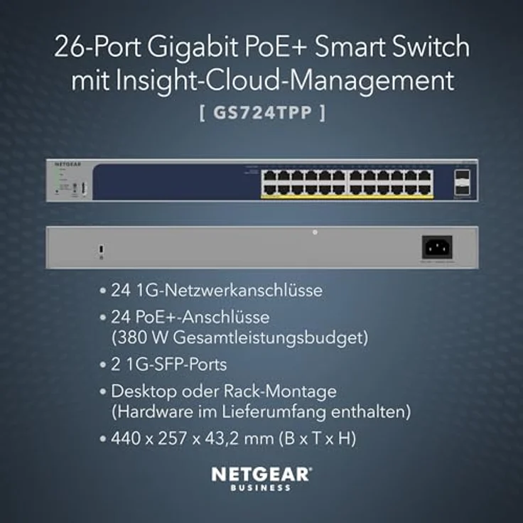 Netgear 24P GE POE+ SMART SWITCH (26 Ports), Netzwerk Switch, Blau - GS724TPP, 24 Port Gigabit Smart Switch, 380W PoE+ Budget, 2x SFP+ Ports – Bild 2