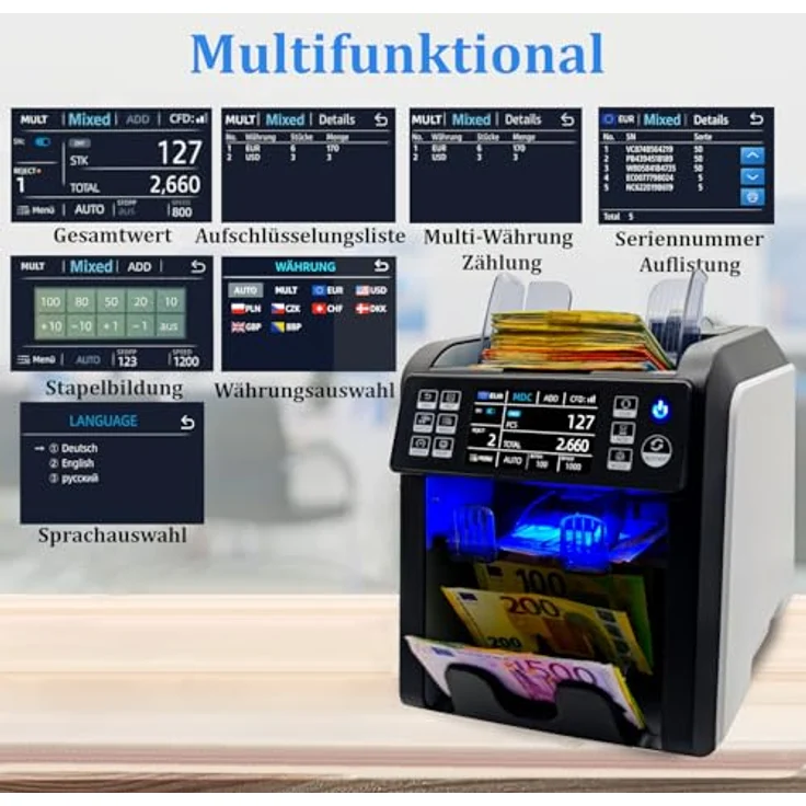 BEITZ BS-910A Geldzählautomat mit 2CIS-Technologie, kompakt, flacher Wertzähler, EZB-getestet, für Banknoten aller Währungen – Bild 3