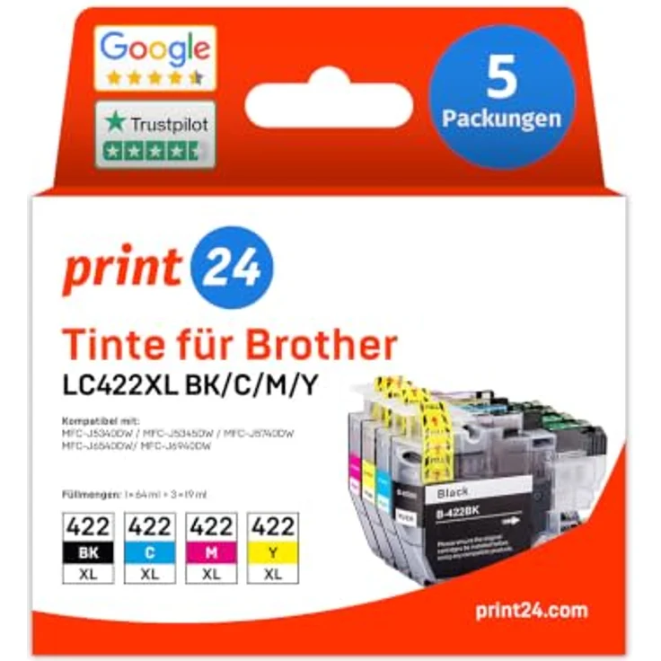 print24 LC422XL Tintenpatronen Set, 5-tlg. in Schwarz, Cyan, Magenta und Gelb, hohe Seitenleistung für Brother Drucker – Bild 1
