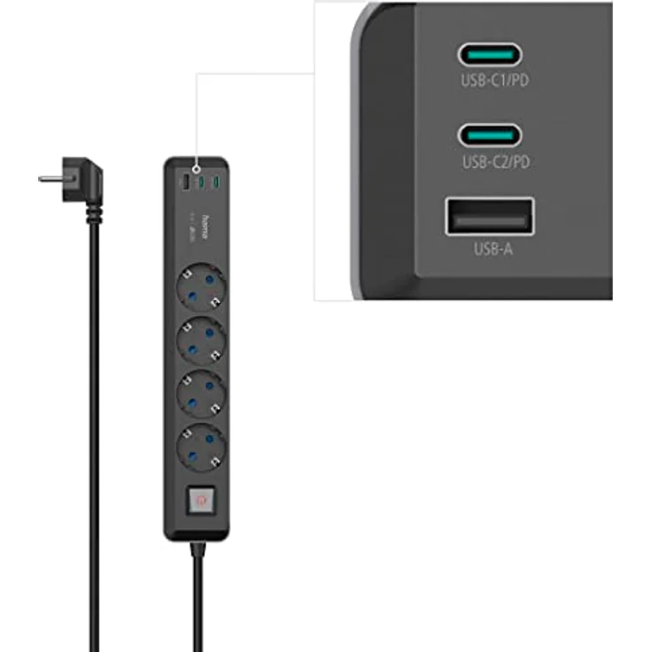 Hama Steckdosenleiste 4-fach USB-C/A 65W PD mit Schalter, 1,4 m, Schwarz/Grau – Bild 4