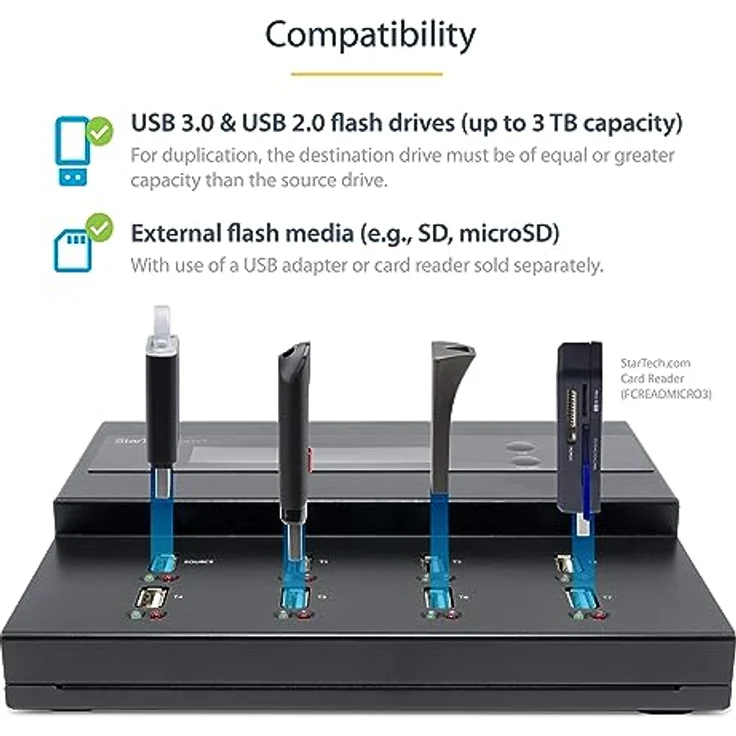 StarTech.com 1:7 USB Stick Klonstation und Löscher, Kopierer für mehrere USB Laufwerke, System and File und Sector-by-Sector Kopieren, 1,5 GB/min, Single und 3-Pass Löschen, LCD Display (USBDUP17) – Bild 3