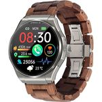 Knauermann PRO 3 (2024) Silber - Gesundheitsuhr Smartwatch mit Telefoniefunktion - EKG + HRV und SOS Funktion - AMOLED Display- BT Bluetooth - Schlafapnoe - Echtholzband Dunkelbraun, 14-24, rund