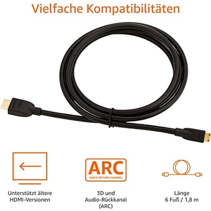 AmazonBasics HL-007342 Hochgeschwindigkeits-HDMI-Kabel, Typ Mini-HDMI auf HDMI, HDMI-Standard 2.0 - 1,8 m meter,Schwarz – Bild 5