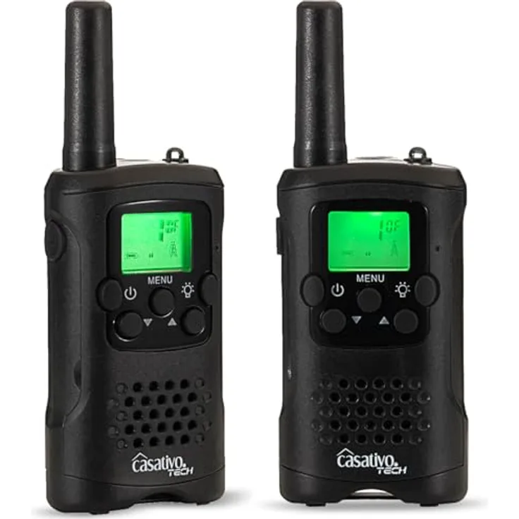 Casativo 4er-Set Akku-PMR-Funkgerät, Walkie Talkie mit 10 km Reichweite, 8 Kanäle, Gürtelclip, Taschenlampe, Ladestation, 8 Stunden Sprechzeit