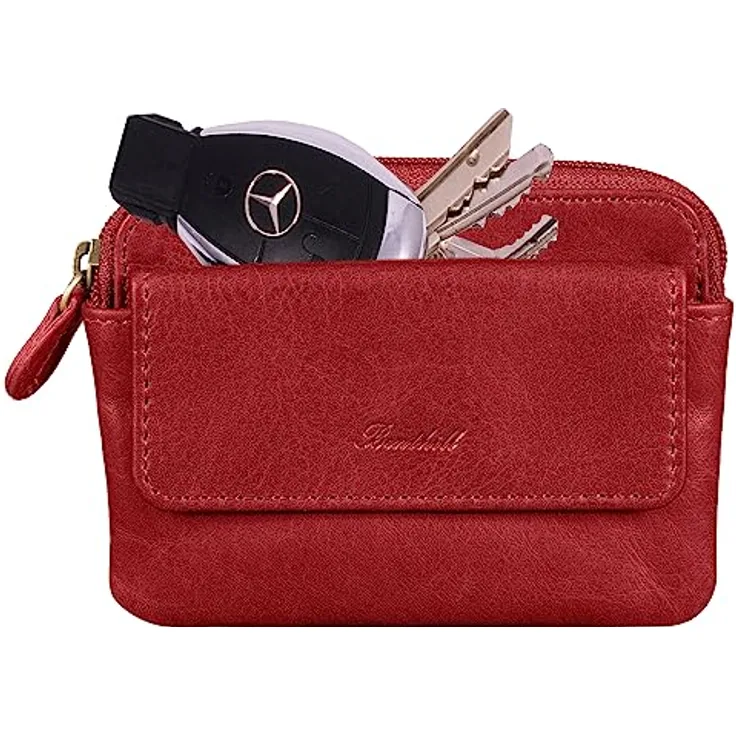 Benthill Schlüsseltasche Echt-Leder mit 2 Schlüsselringen - Schlüsseletui mit Kartenfach - Schlüsselanhänger mit Kleingeldfach, Farbe:Rot