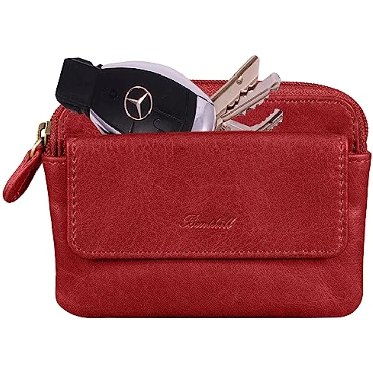 Benthill Schlüsseltasche Echt-Leder mit 2 Schlüsselringen - Schlüsseletui mit Kartenfach - Schlüsselanhänger mit Kleingeldfach, Farbe:Rot – Bild 1