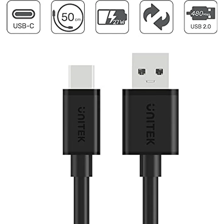 Unitek USB-A - USB-C Kabel kurz 50cm Y-C481BK / USB 2.0 Standard/Quick Charge 3.0 / Laden/Strom- und Datenübertragung/Durchsatz: 480 Mbps/PVC/Schwarz – Bild 5