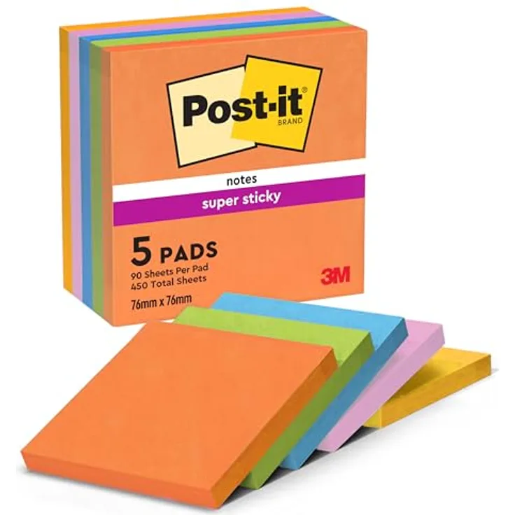 Post-it Notes Super Sticky Haftnotizblock Boost Collection, 76x76mm, 90 Blatt, vitalorange, limonengrün, paradiseblau, tropicalpink, ultragelb