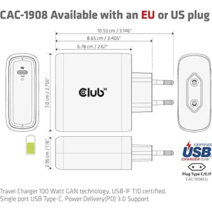 Club 3D CAC-1908EU Reiseladegerät 100 Watt GAN-Technologie, USB-IF TID-Zertifiziert, Einzelanschluss USB Typ-C, PD 3.0-Unterstützung – Bild 5