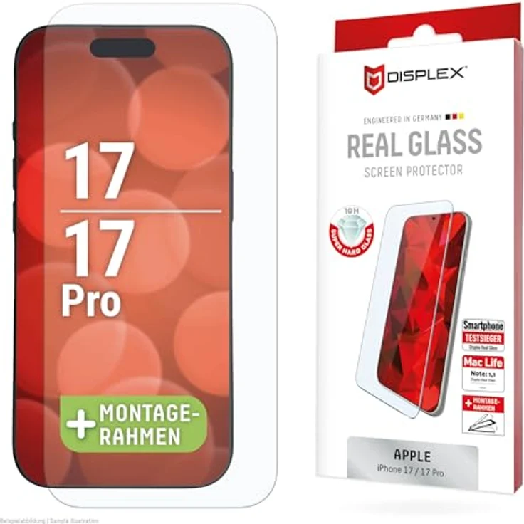 Displex Real Glass (10H, 2D) Displayschutzfolie für iPhone 17/17 Pro, Eco-Montagerahmen, kratzer-resistent, blasenfreie Montage – Bild 1