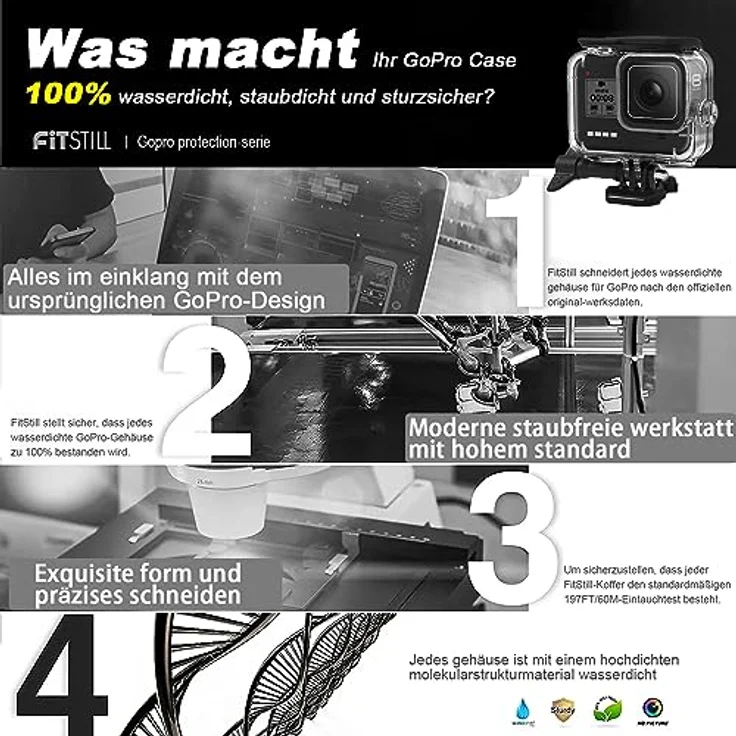 FiTSTILL 60M/196FT Wasserdichtes Gehäuse für Go Pro Hero 8 Black, Schützende Unterwasser-Tauchgehäuseschale mit Halterungszubehör und Anti-Beschlag-Klappen – Bild 2