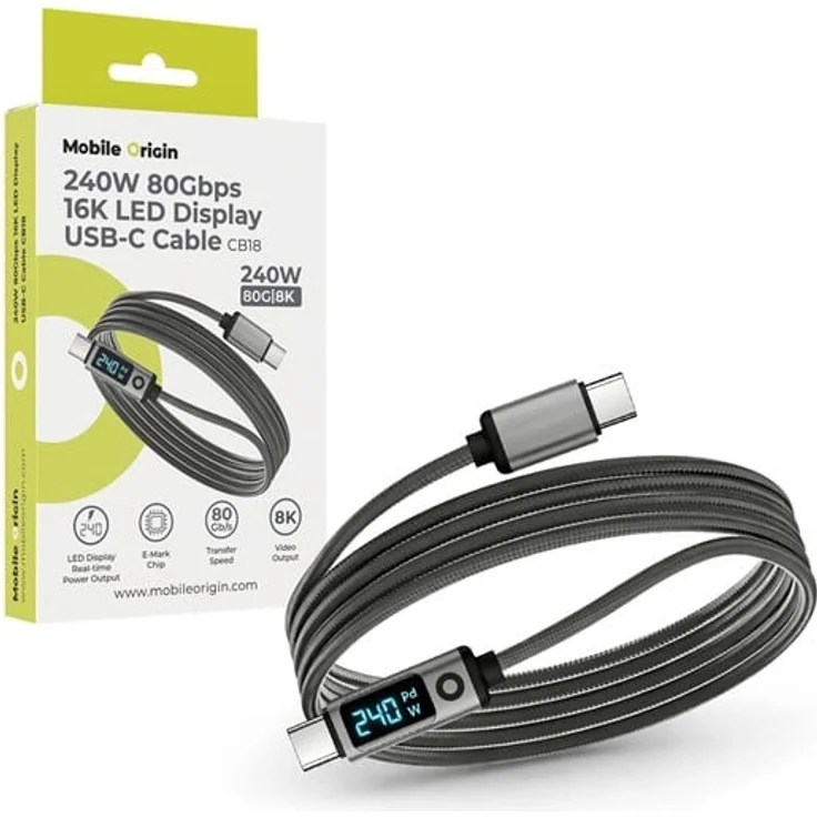 Mobile Origin CB18, LED Display USB-C Kabel mit 240W Ladeleistung, 80Gbps Datenübertragung, 8K/60Hz - 1.5m