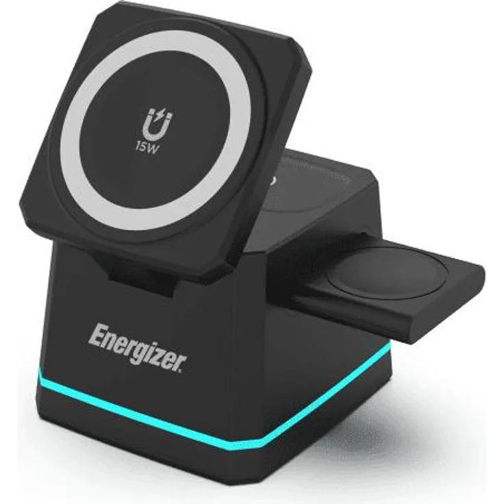 Energizer WCP307, 3-in-1 kabellose Dockingstation für Smartphone, Kopfhörer & Smartwatch, magnetische Befestigung, schwarz, USB, schnellladefähig