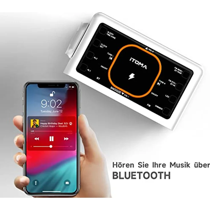 Dual Wireless Charging Radiowecker mit Bluetooth Lautsprecher, FM Radio, Zwei USB Port, Dual Alarm, Snooze, Nachtlicht, Auto manuelle Dimmer Steuerung und 1.4" Orange Display iTOMA CKS209 – Bild 5
