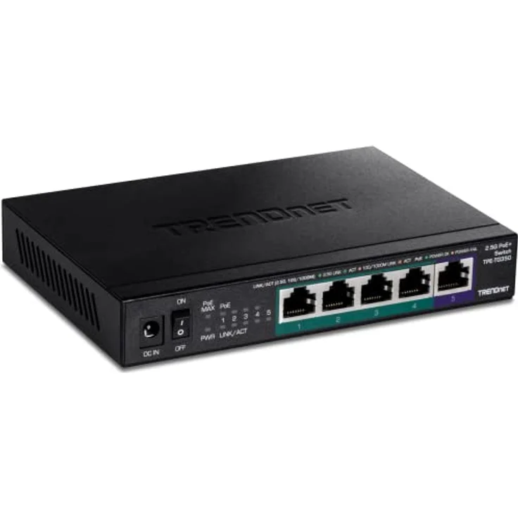 TRENDnet TPE-TG350 5-Port Unmanaged 2.5G PoE+ Switch, Lüfterlos, Kompaktes Desktop-Design, Metallgehäuse, 2.5GBASE-T Ports, IEEE 802.3bz, 55W PoE Budget, Schwarz – Bild 1