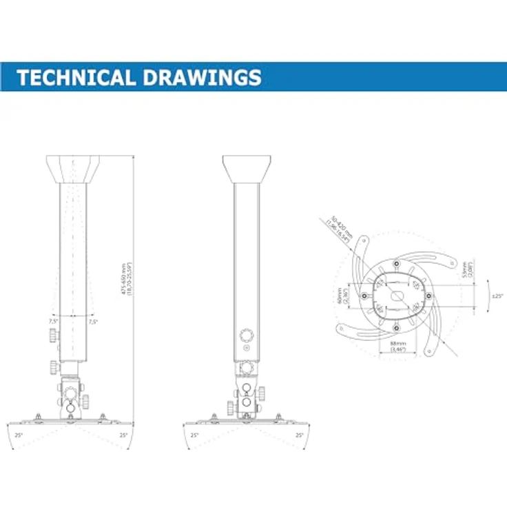 EDBAK Beamer Halterung Decke, Höhenverstellbar 475-650 mm, bis 30 kg, Neigbar -7,5°/+7,5°, Schwarz, Interne Kabelführung – Bild 4