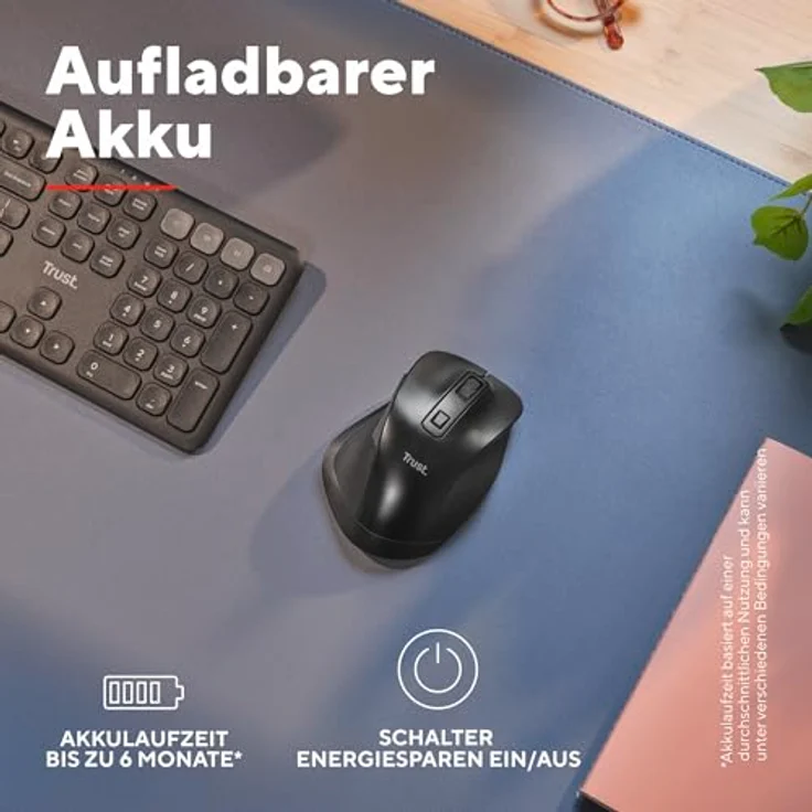 Trust Fyda Kabellose Bluetooth Maus mit 2.4GHz, Ergonomische Daumenauflage, 800-2400 DPI, 50% Recyclingkunststoff, Aufladbar, für Laptop, PC, iOS, Android, Mac – Bild 4