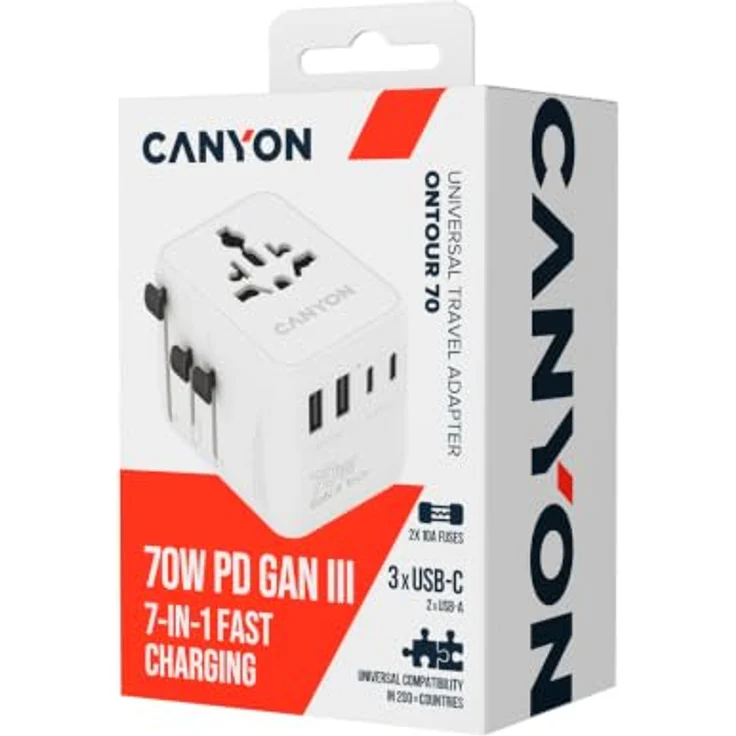 Canyon Universal Travel Adapter OnTour 70, 4 regionale Steckdosentypen, 3 USB-C & 2 USB-A Ports, 7-in-1-Laden bis 70W, GaN-III-Technologie – Bild 7