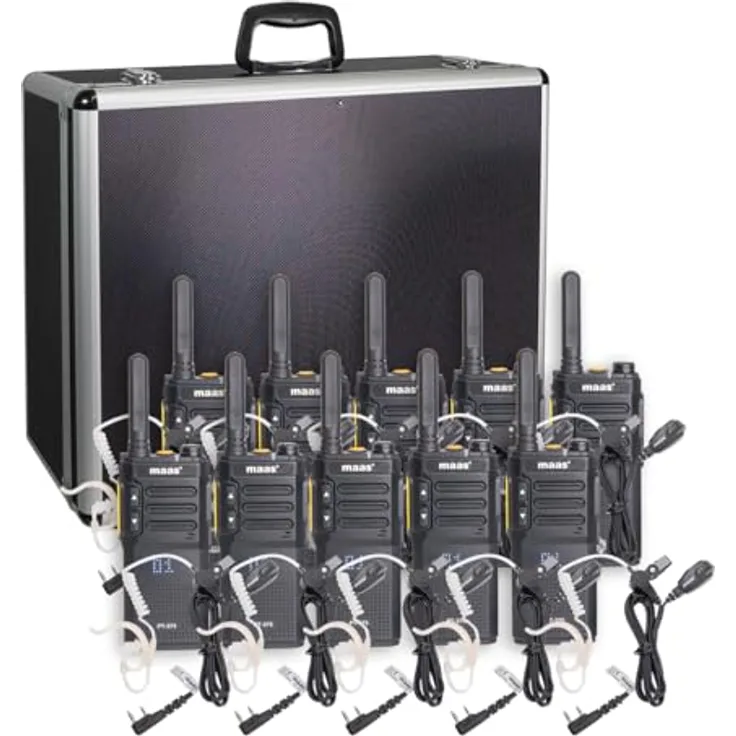 MAAS 5er Team-Set PT-375, PMR446 Funkgeräte im Funkkoffer mit 99 Kanälen, spritzwassergeschützt, inklusive Securityheadsets und Li-Ionen-Akku 2300 mAh