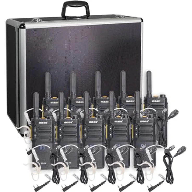 MAAS 5er Team-Set PT-375, PMR446 Funkgeräte im Funkkoffer mit 99 Kanälen, spritzwassergeschützt, inklusive Securityheadsets und Li-Ionen-Akku 2300 mAh – Bild 1
