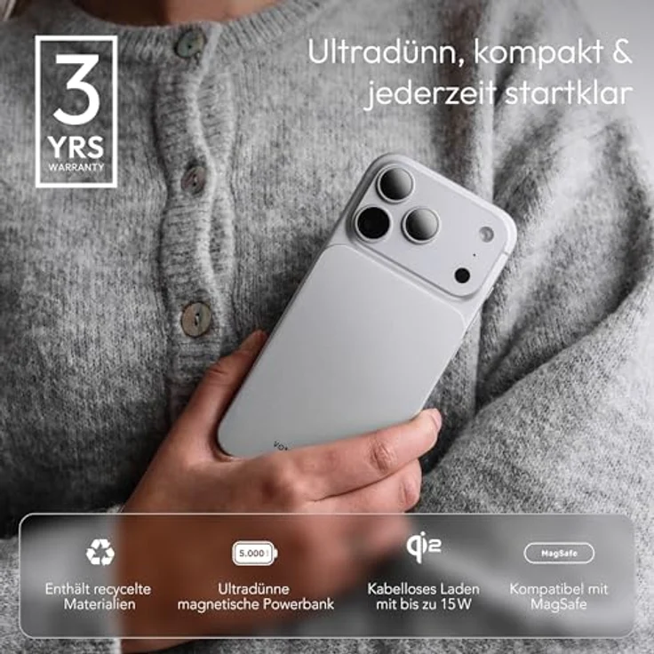 VONMÄHLEN Evergreen Mag, magnetischer Wireless Charger mit 5.000 mAh, Qi2-zertifiziert, Weiß – Bild 3