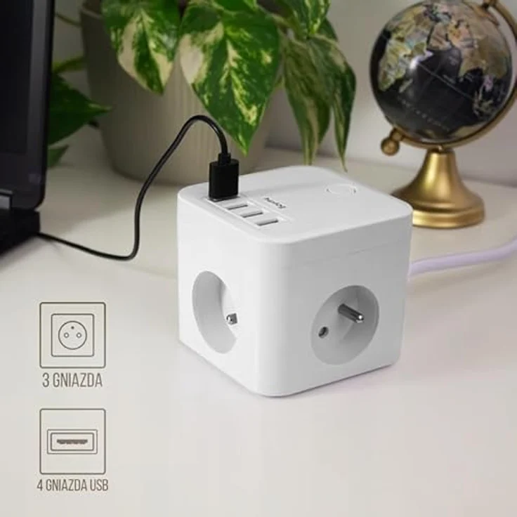 Huslog Mehrfachsteckdose Würfel 7-in-1 mit 3 Steckdosen & 4 USB-Anschlüssen, 1,5m Kabel, Mikroschalter mit LED, rutschfest, Weiß – Bild 3