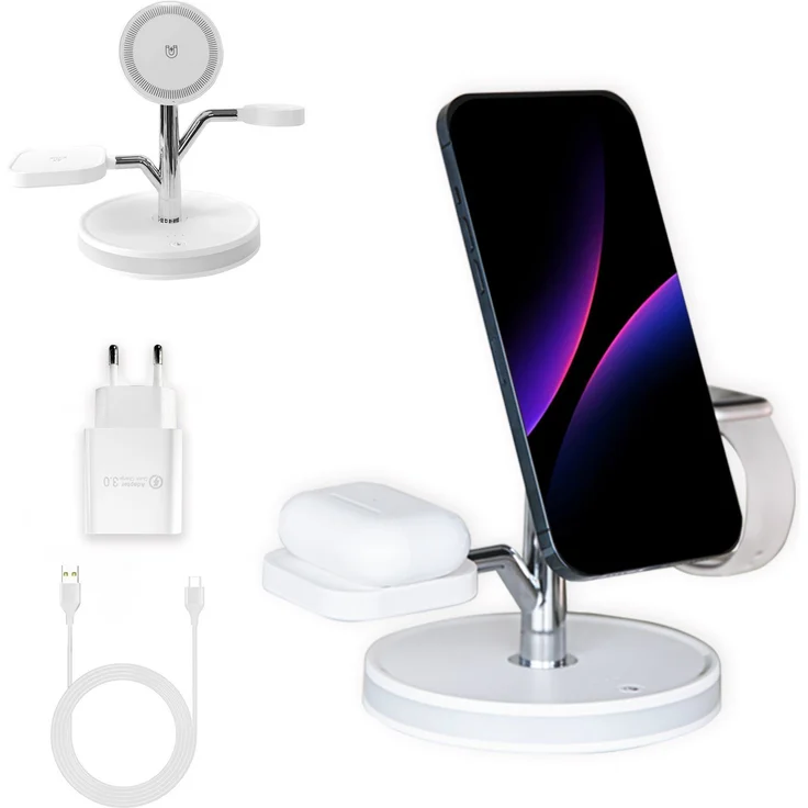 PUCHIKA 4 in 1 Induktive Ladestation für iPhone AirPods Apple Watch MagSafe Wireless Charger (inkl. 18W/QC 3.0 Schnelllade-Adapter und Typ-C-Ladekabel) – Bild 1