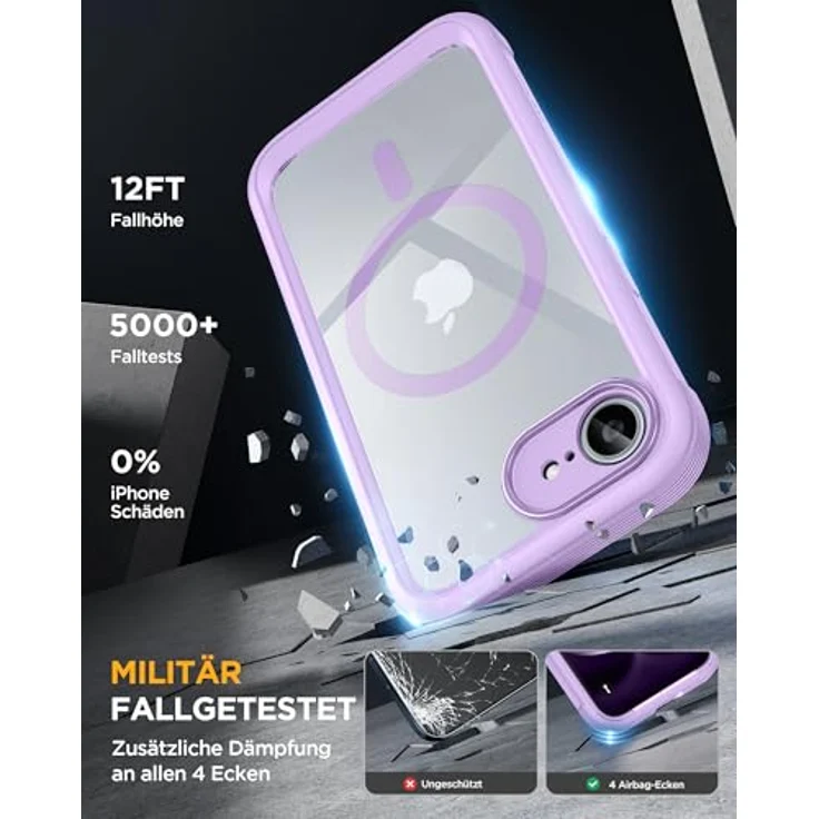 Miracase für iPhone 17e & iPhone 16e Hülle, 360° Stoßfest mit Panzerglas-Schutz und Voll-Kameraschutz, MagSafe-kompatibel, langlebig, Helllila – Bild 4
