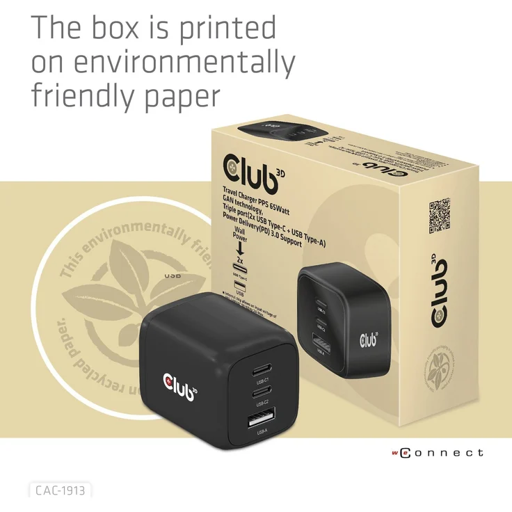 Club 3D CAC-1913 Reiseladegerät, 2x USB Typ C, 1x USB Typ A, PD 65W, Schwarz